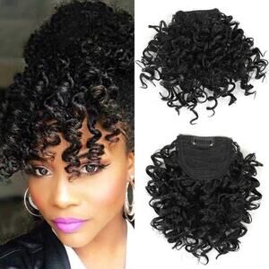 G&T Wig Short Afro Kinky Curly Bangs – Clip-In Bangs Black, (1B, Single Bangs)